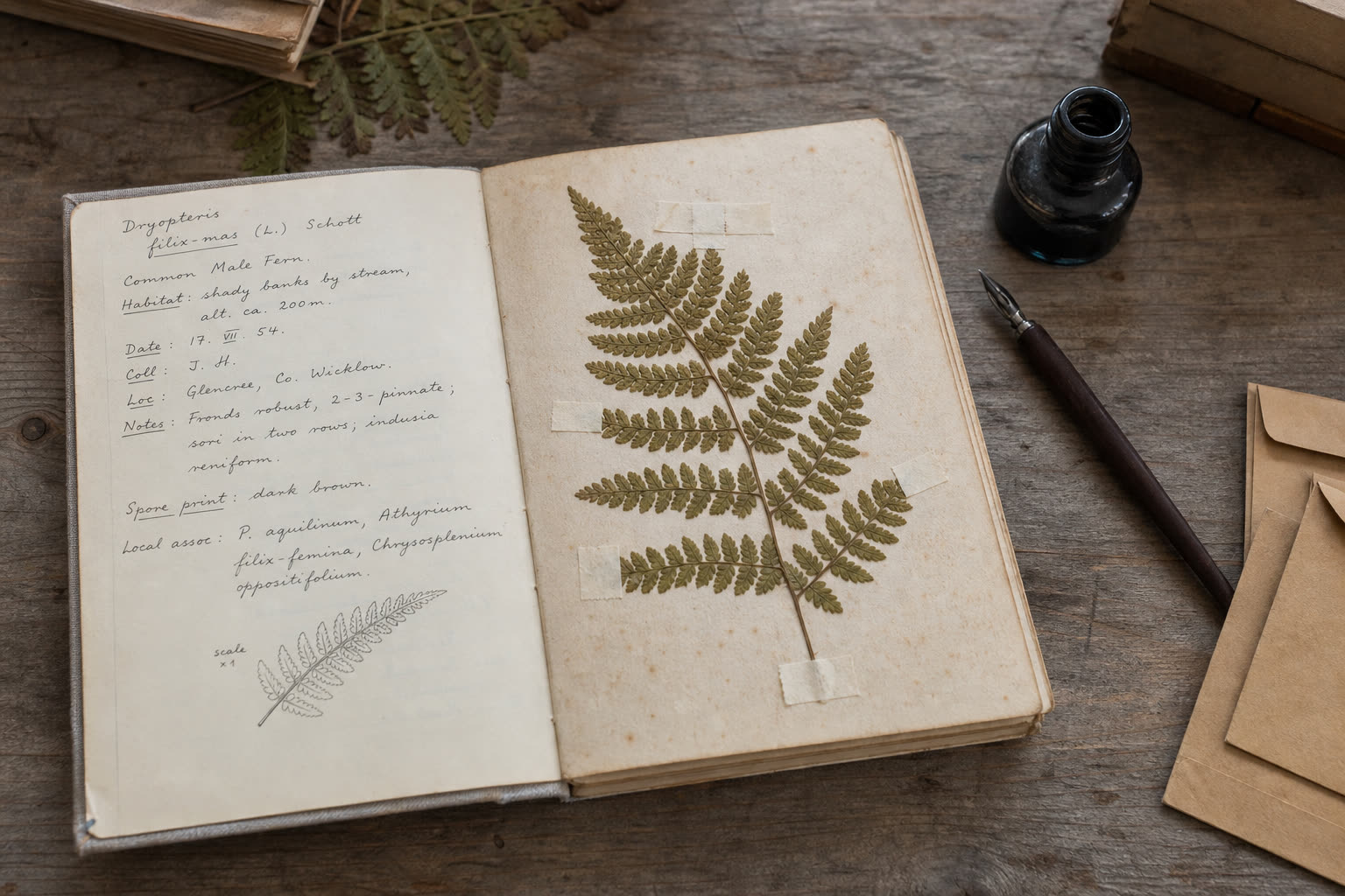 An open field notebook holding a pressed fern, with handwritten botanical notes, a dip pen, inkwell, and kraft envelopes on a worn worktable