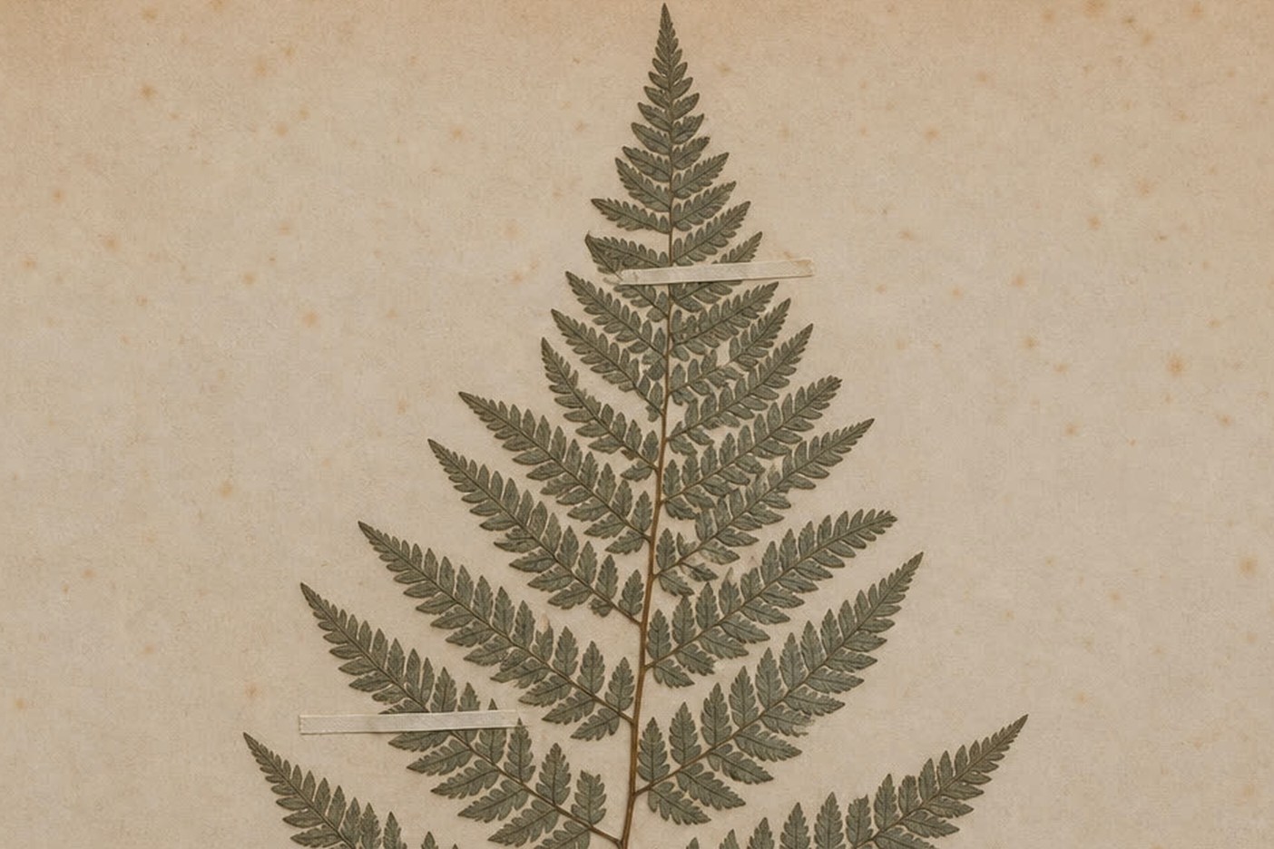 Close photograph of a real pressed bracken frond on foxed herbarium paper