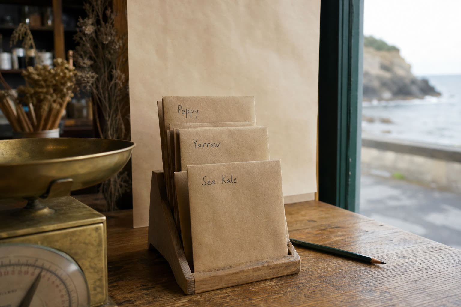 Three brown seed packets labeled Poppy, Yarrow, and Sea Kale in a wooden rack beside a brass scale and a coast-facing window